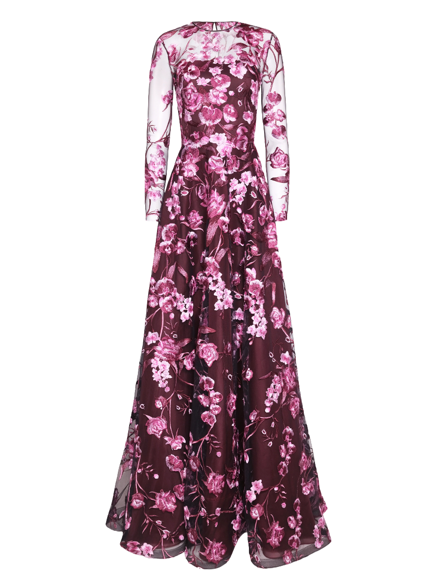 Floral Embroidered Long Sleeve Gown