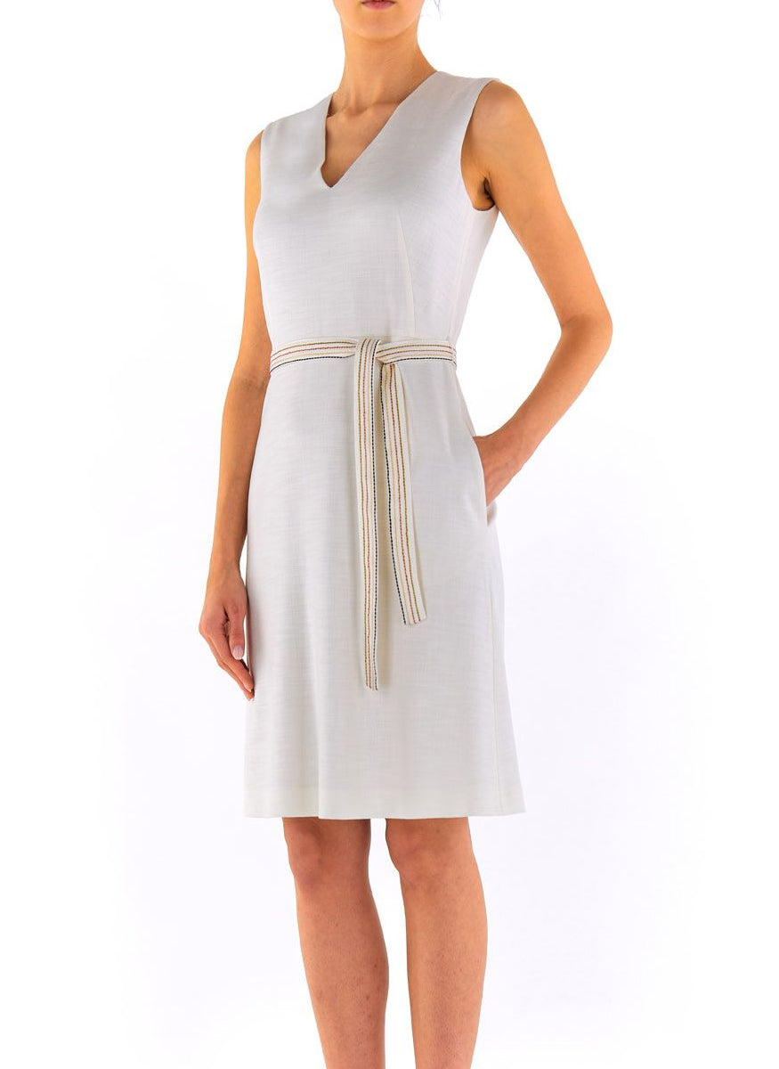 V-Neck Flared Dress with Embroidered Detail Belt - Piazza Sempione
