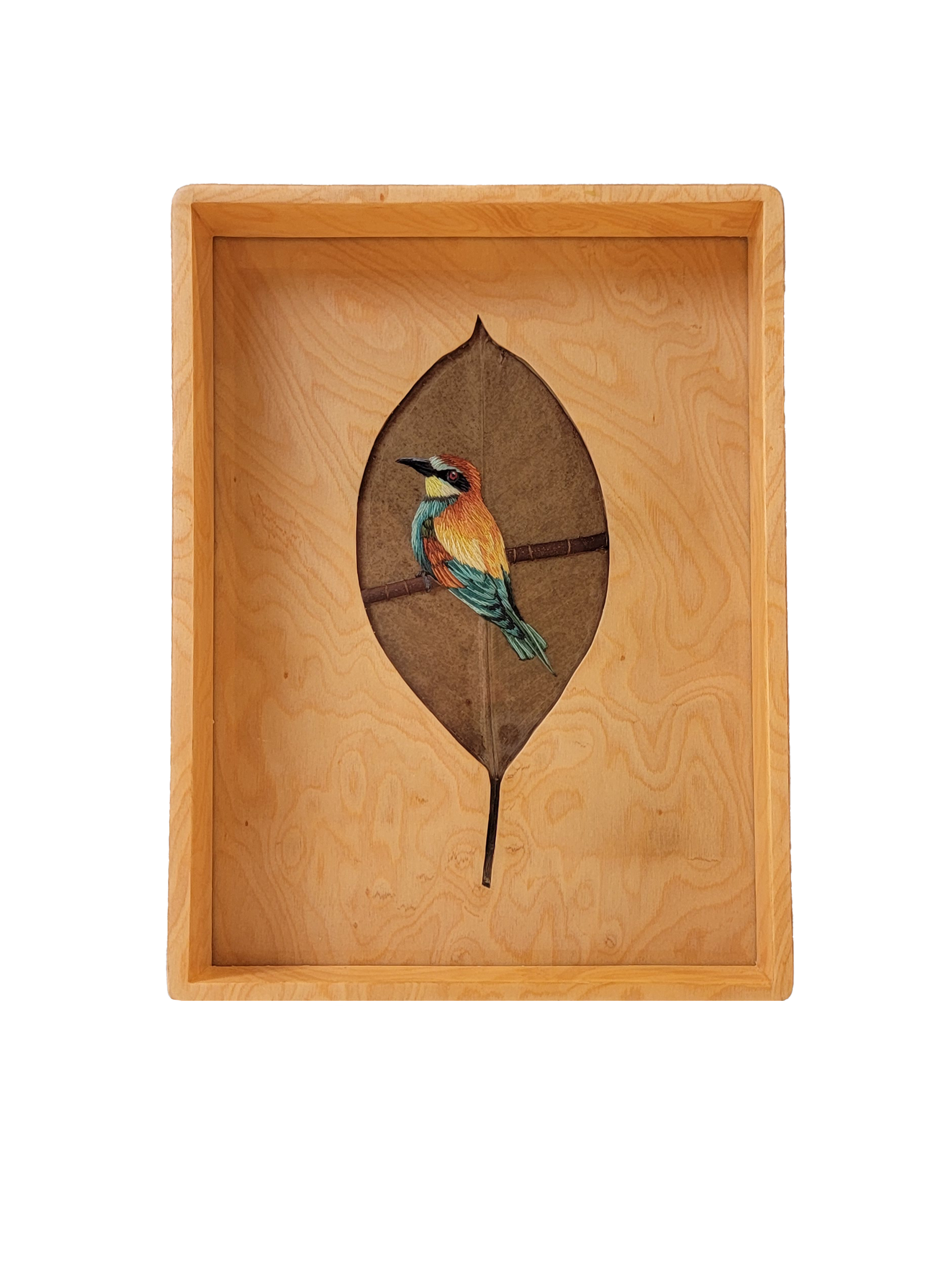 Bird and Leaf Rectangular Marquetry Tray, Tan