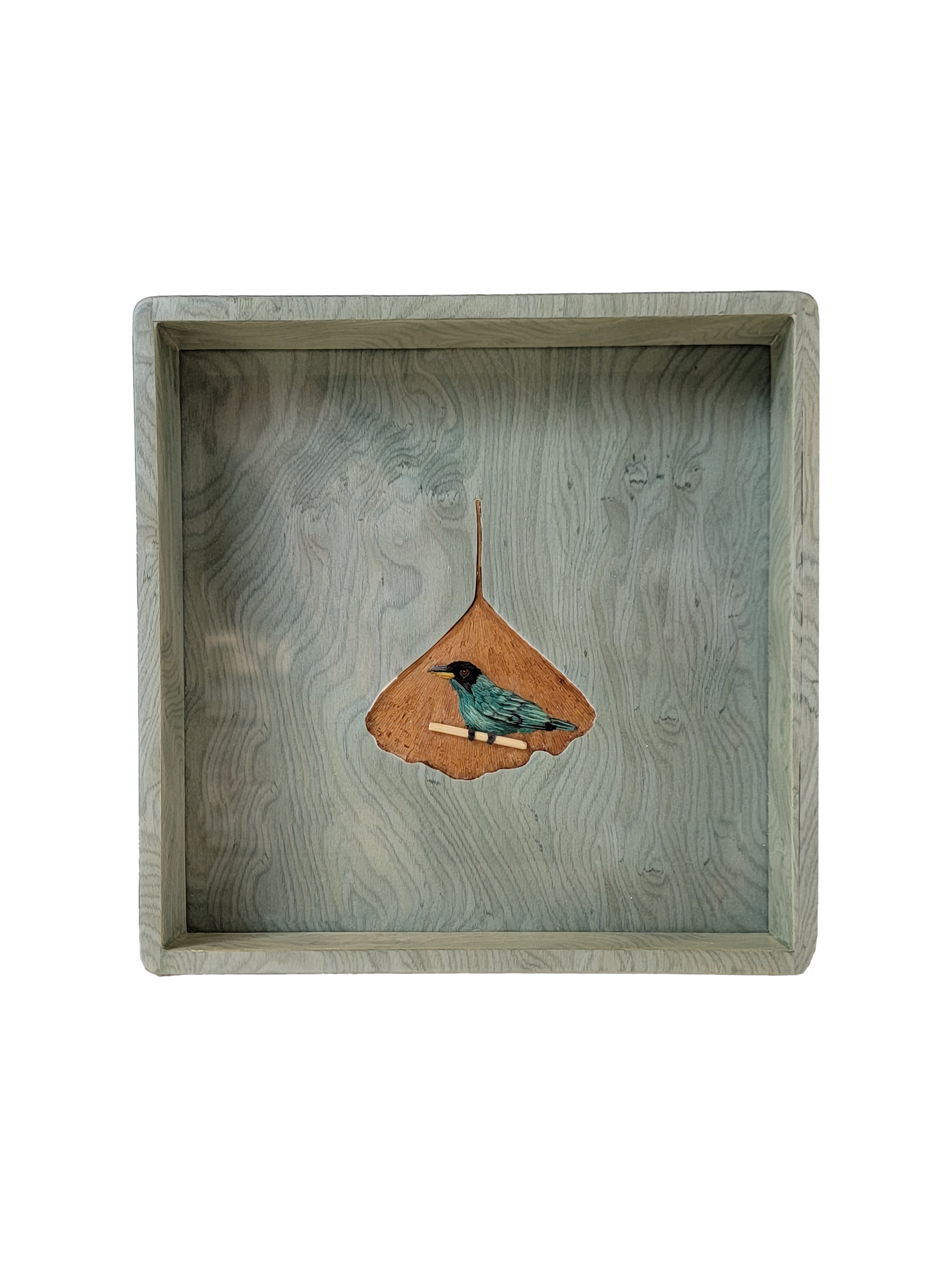 Bird and Leaf Square Marquetry Tray, Blue