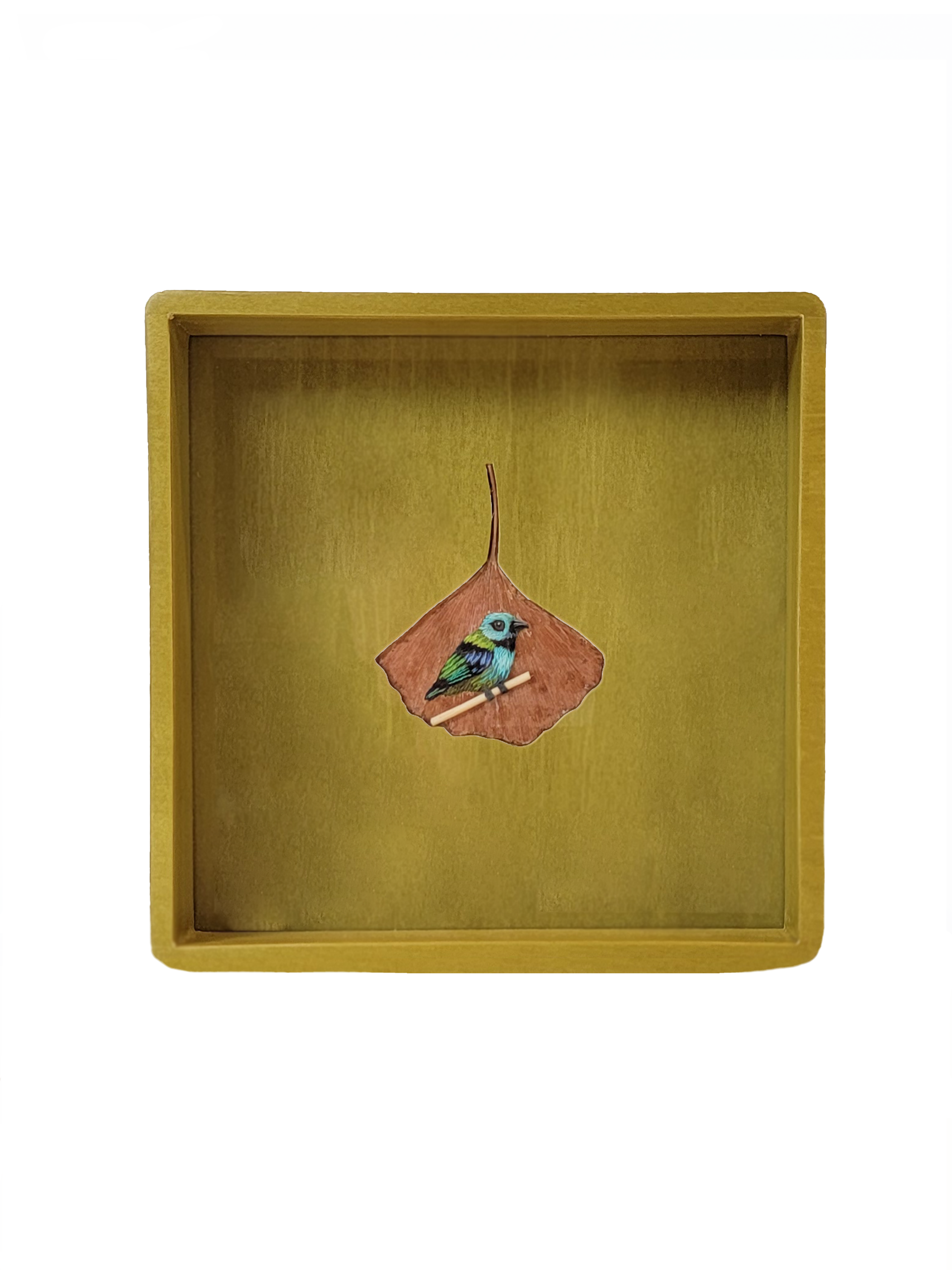 Bird and Leaf Square Marquetry Tray, Green