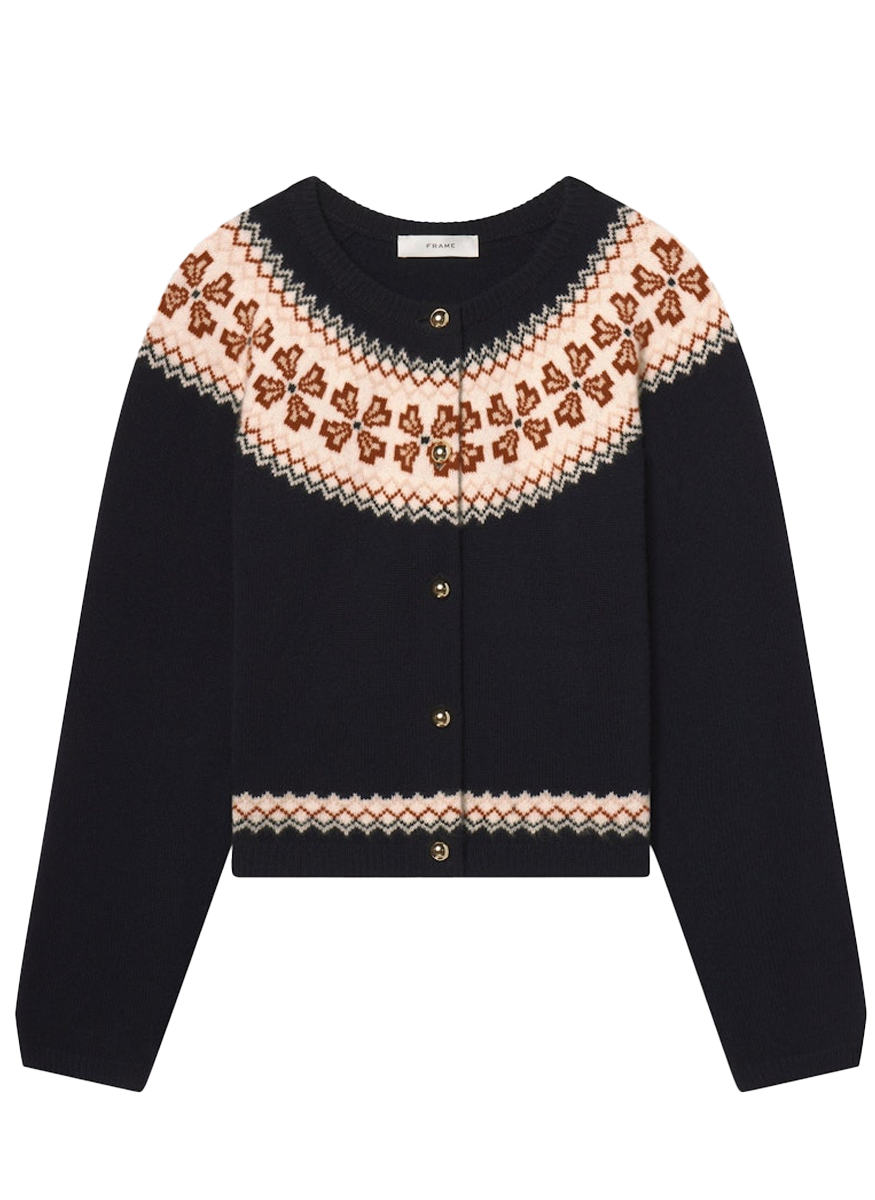 The Cashmere Fairisle Cardi in Navy