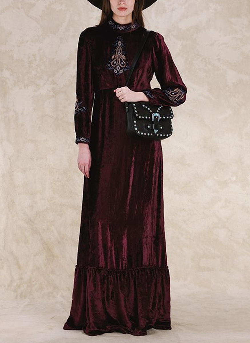 Velour Embroidered Maxi Dress