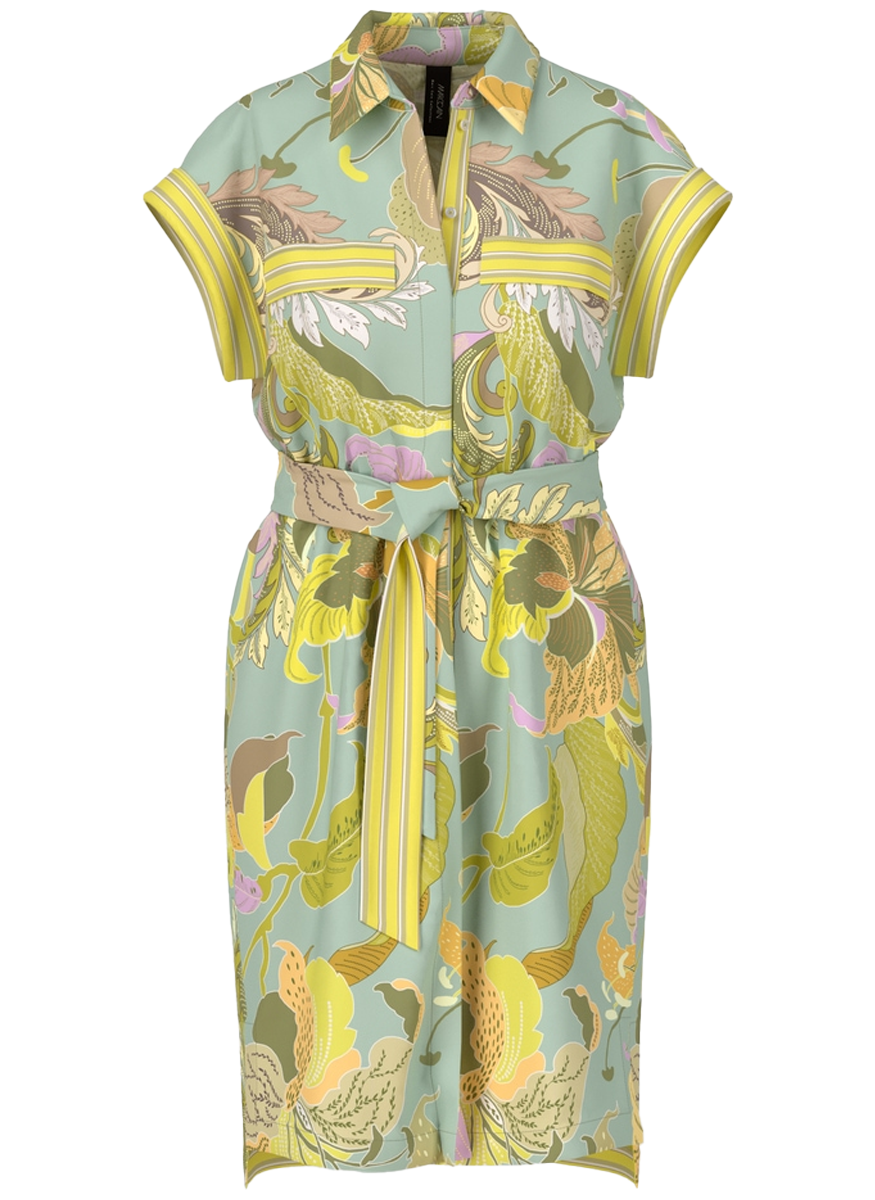 Botanical Print Cap Sleeve Belted Dress