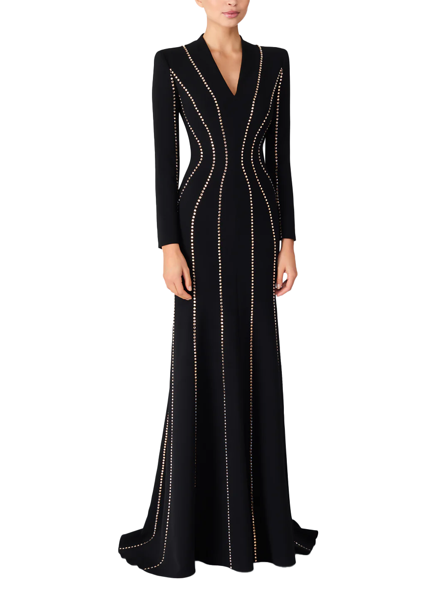 Victoire Long Sleeve Gold Beaded Gown