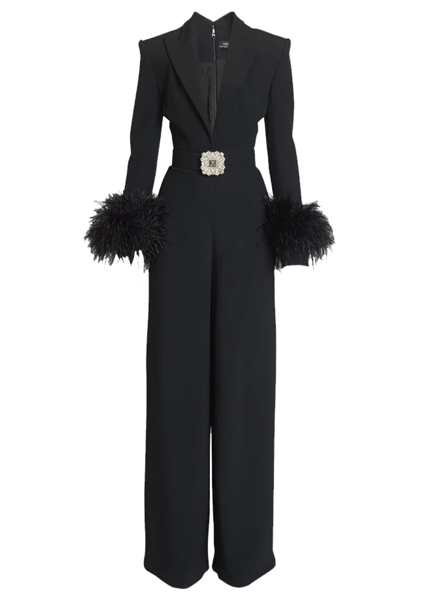 Crepe V-Neck Jumpsuit with Feather Cuffs – Elizabeth Anthony