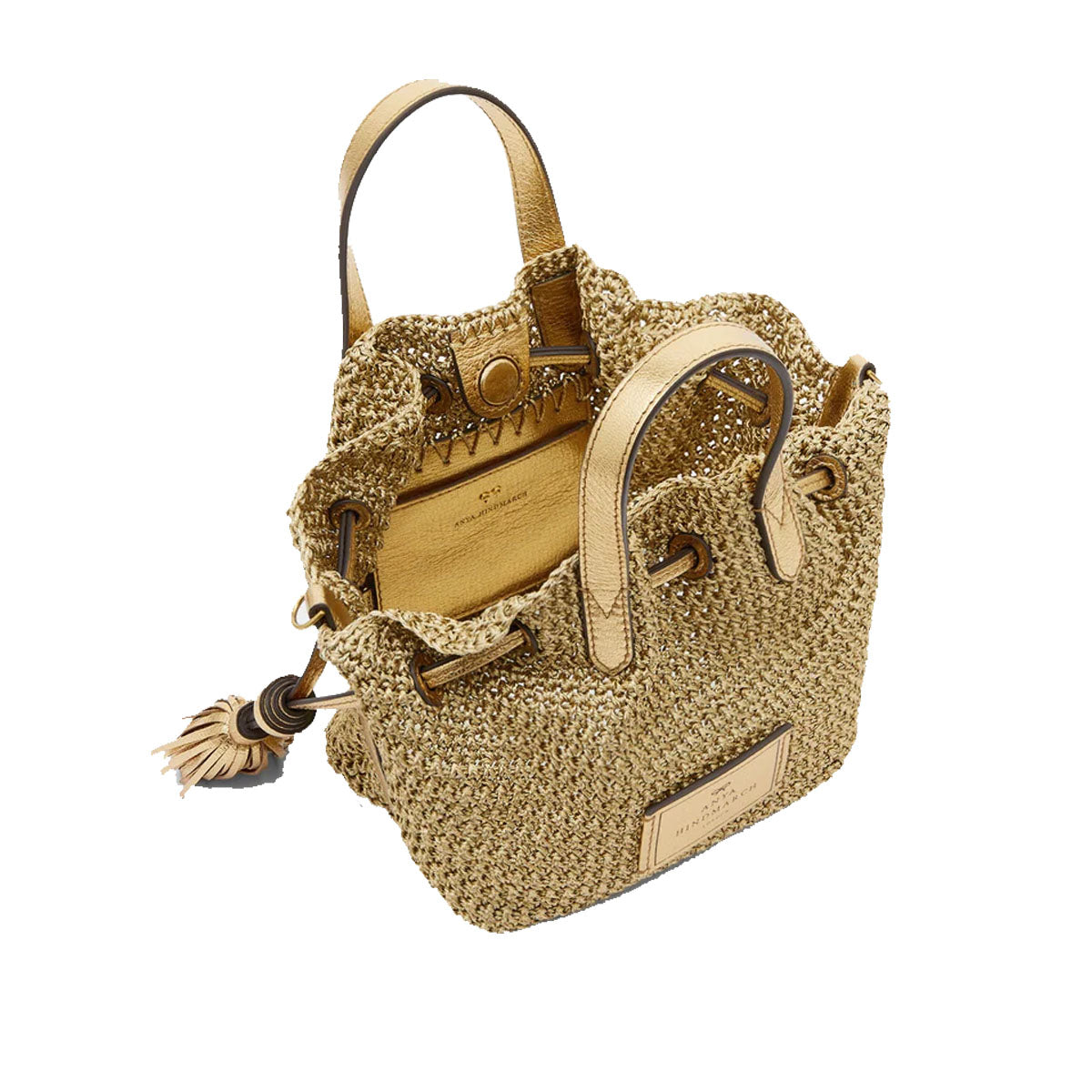 Lurex Drawstring Small Tote in Metallic Gold Leather - Anya Hindmarch