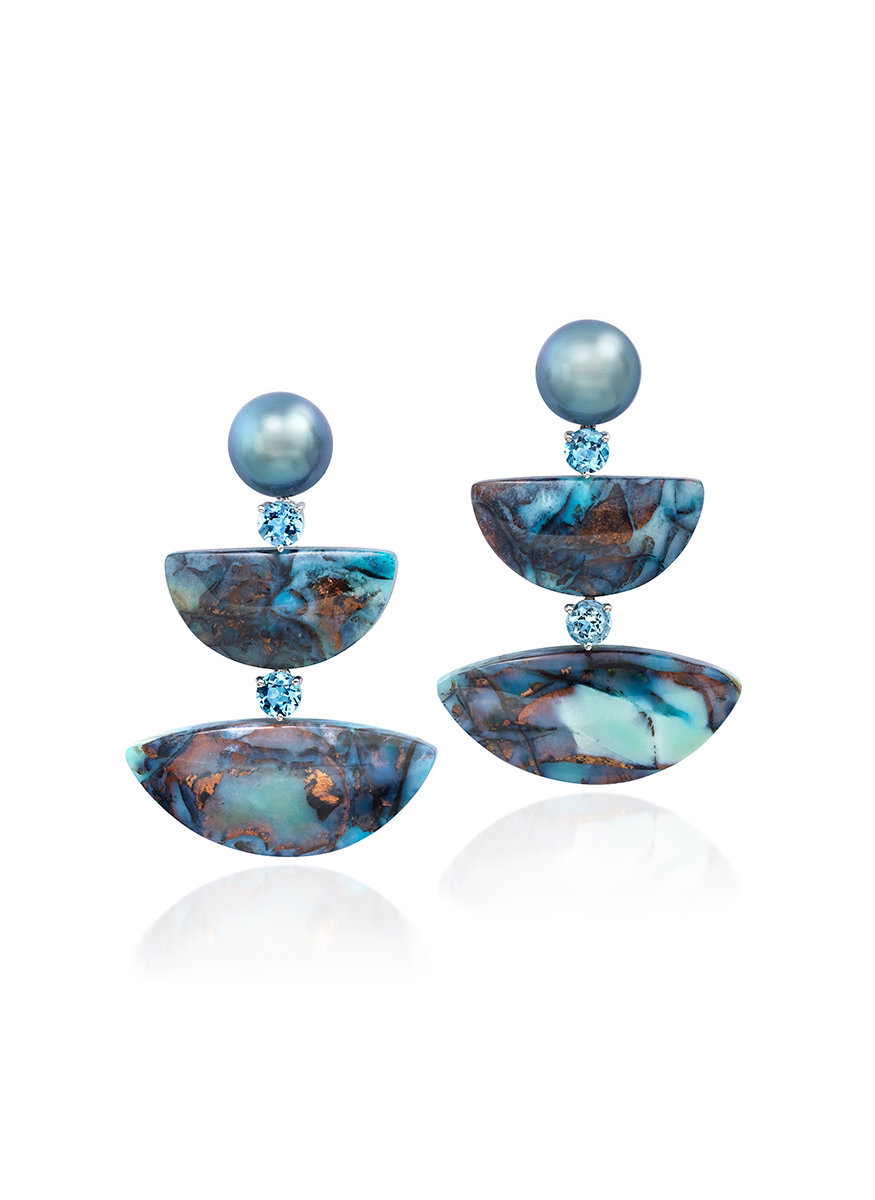 Opalwood, Aquamarine and Tahitian Pearl Earrings
