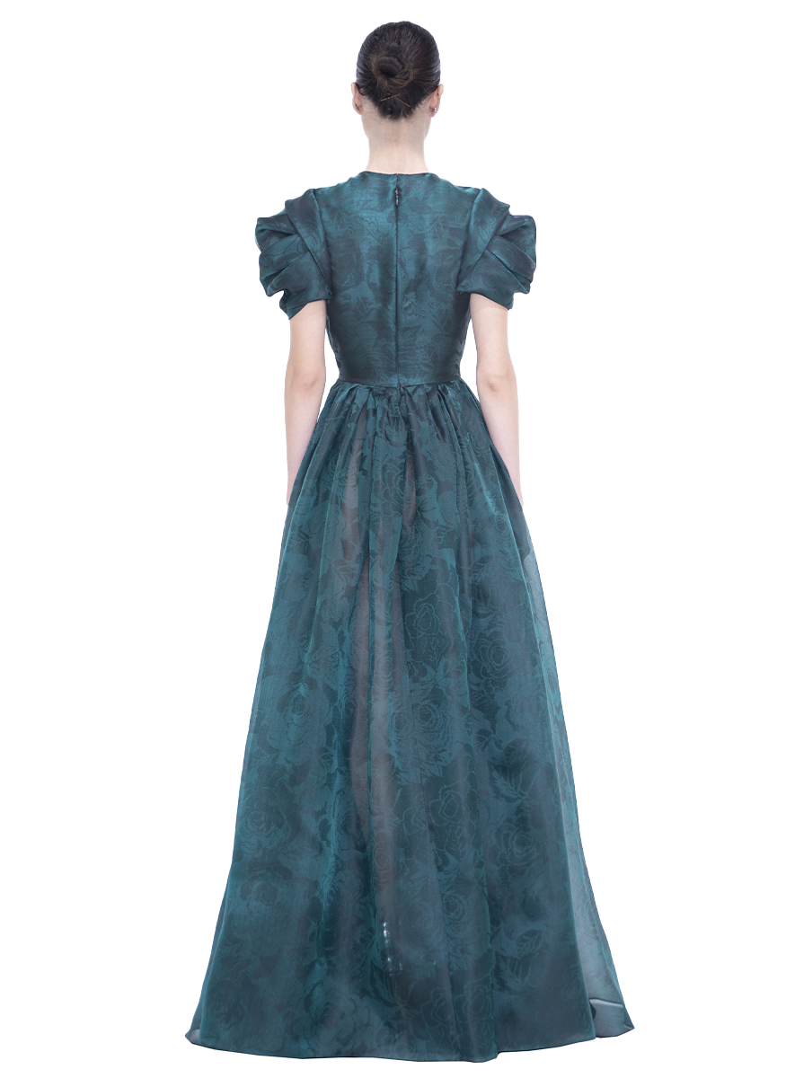 Printed Organza Gown with Draped Sleeves - Reem Acra