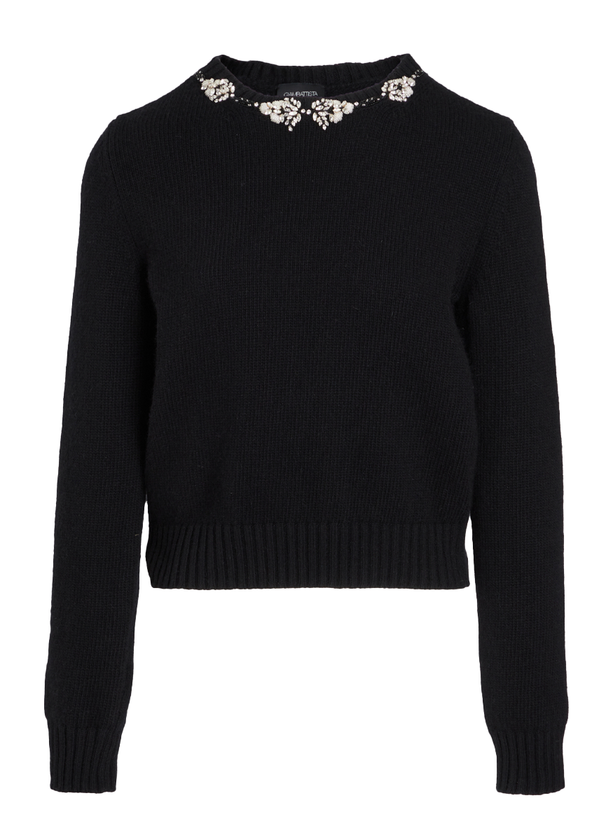 Black Knit Pullover with Rhinestone Collar
