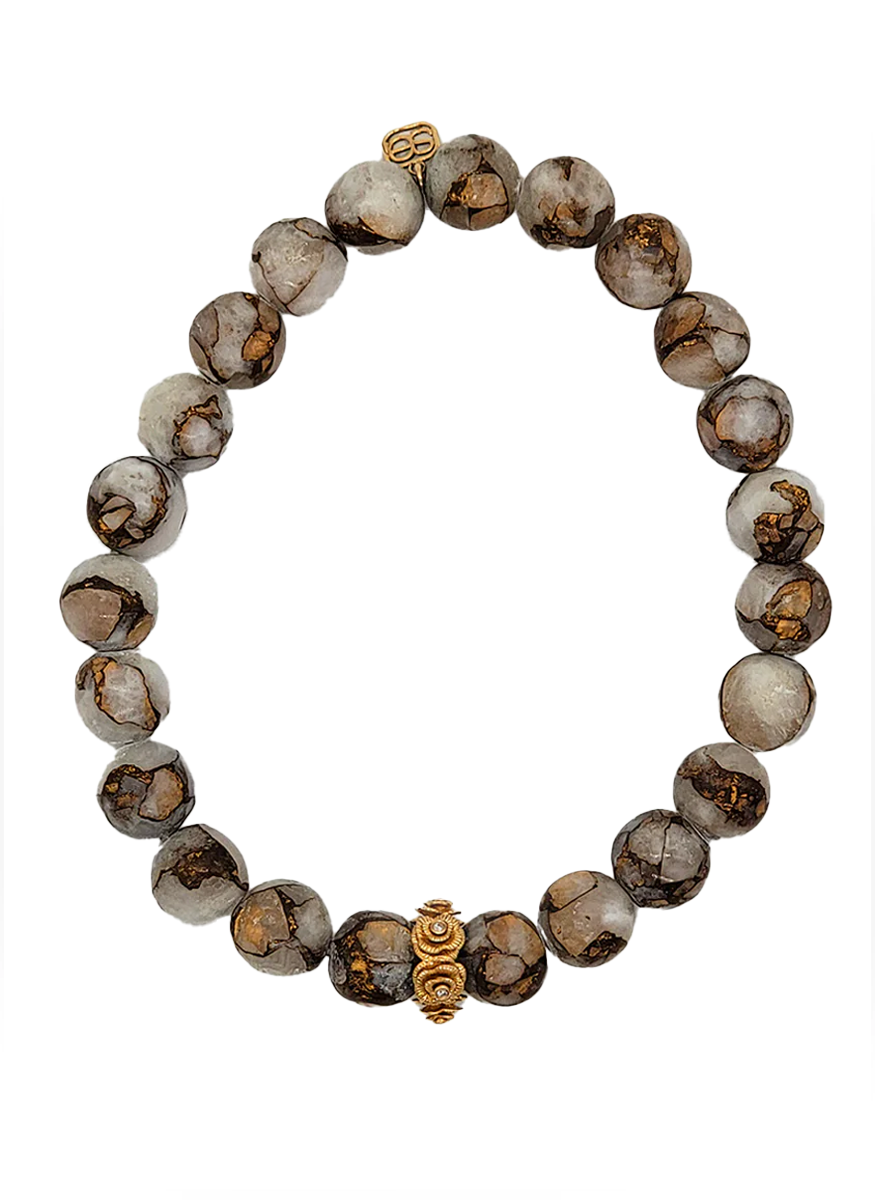 Marbled Bronze Calcite Bead Bracelet with Diamond Rose Rondelle