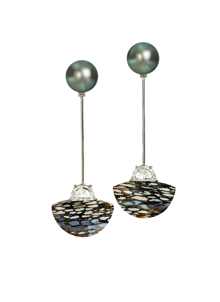 Tahitian Pearl and Petrified Wood Earrings