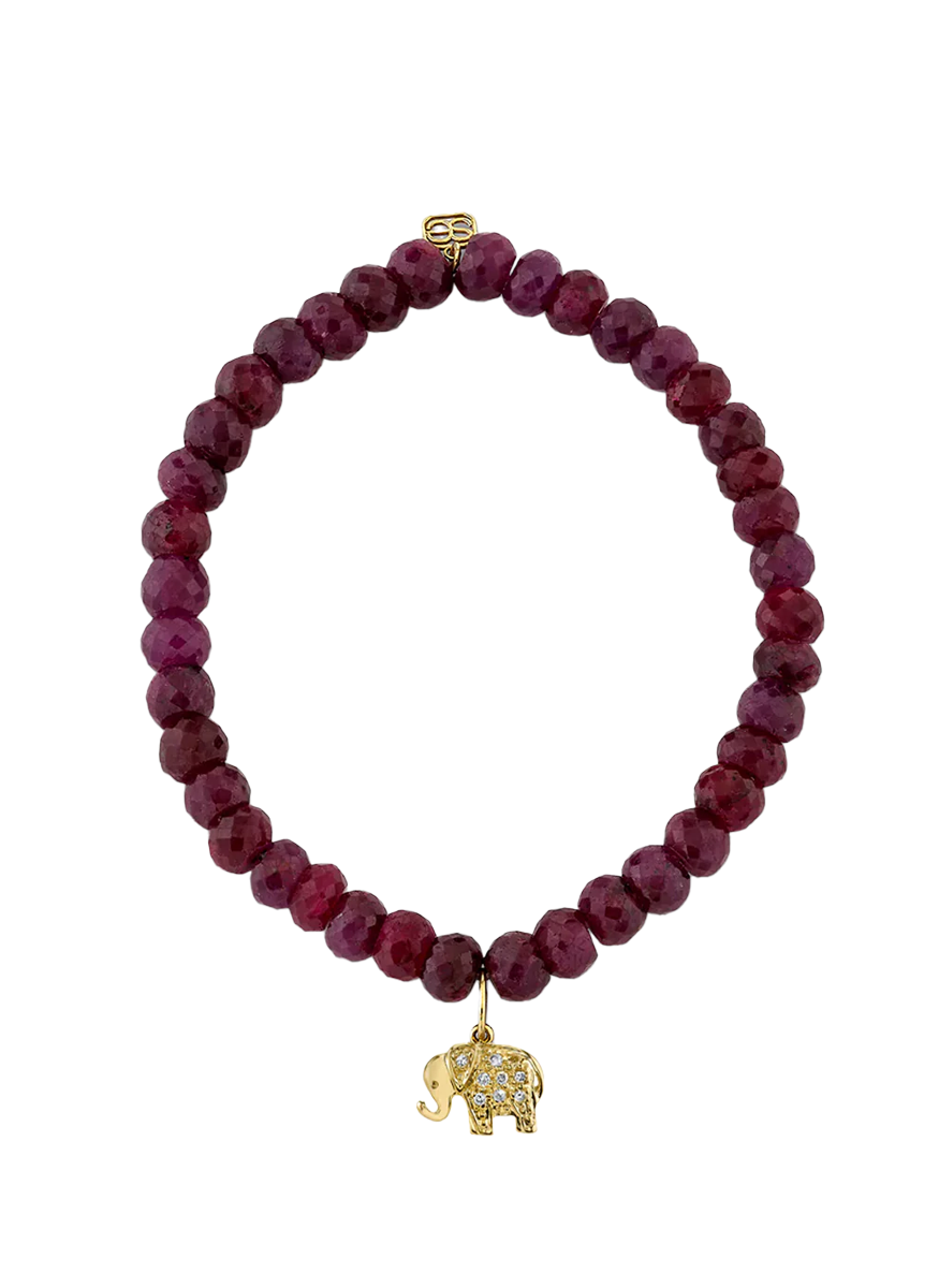 Ruby Corundum Bead Bracelet with Diamond Elephant Charm