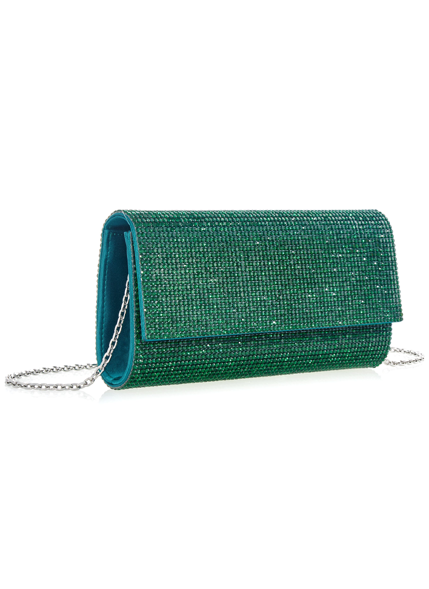 Perry Crystal Clutch in Emerald with Chain