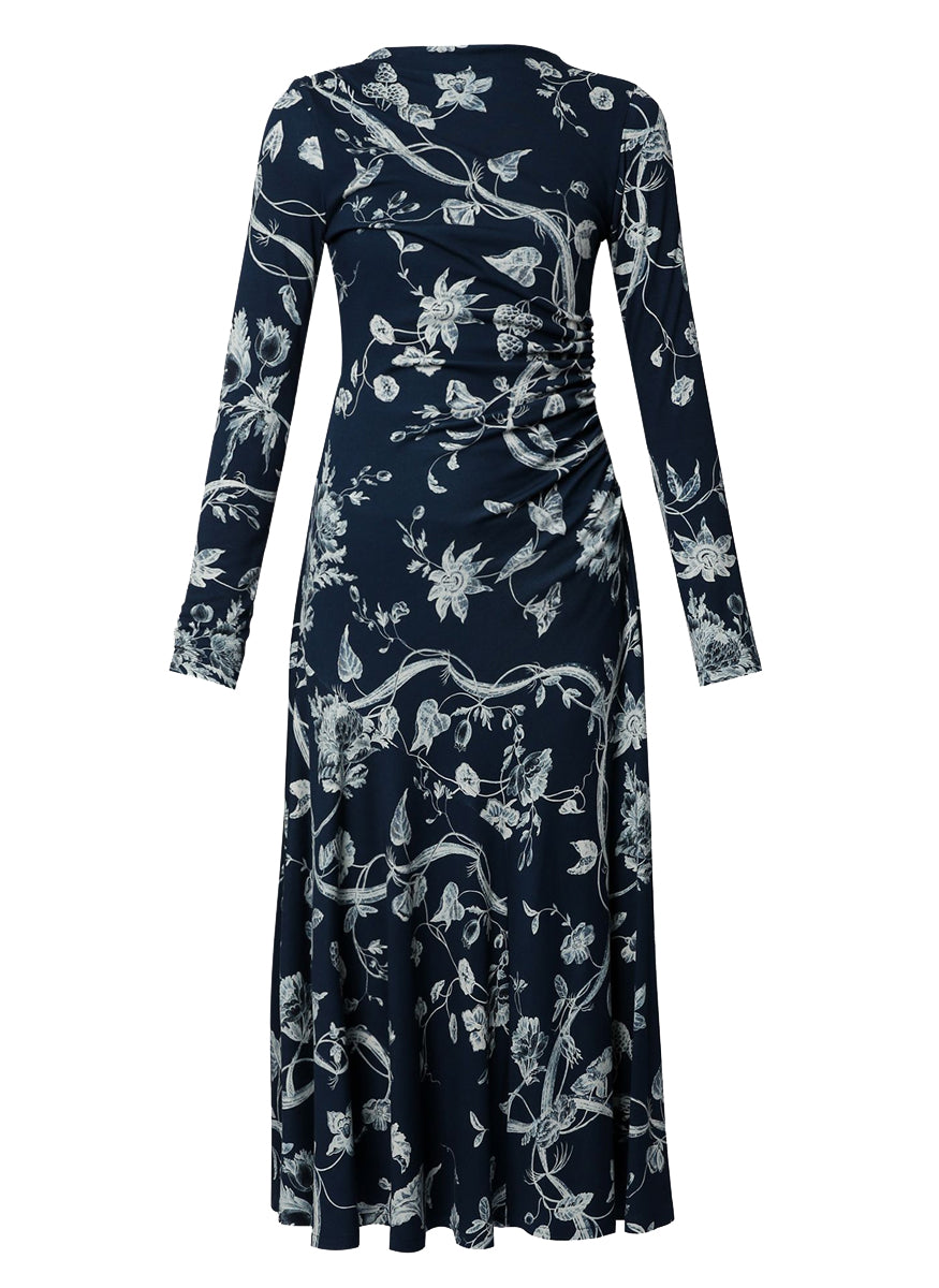 Long Sleeve Floral Jersey Midi Dress with Drawstring