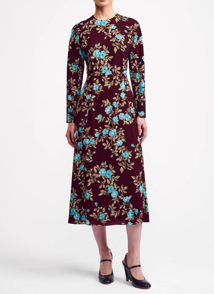 Roland Floral Printed Dress in Turquoise Crepe Georgette - Emilia Wickstead