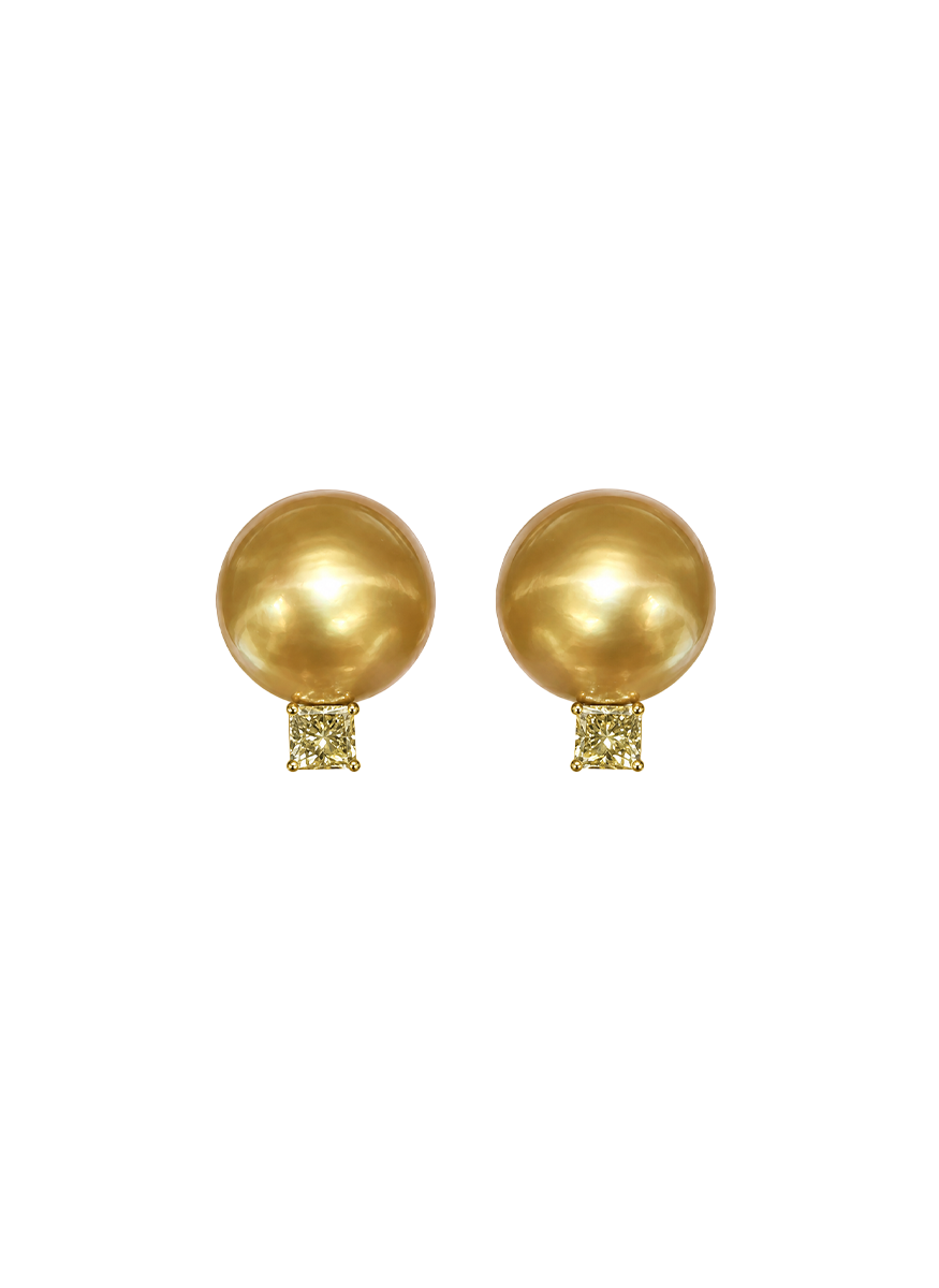 Golden South Sea Pearl and Yellow Diamond Earclips