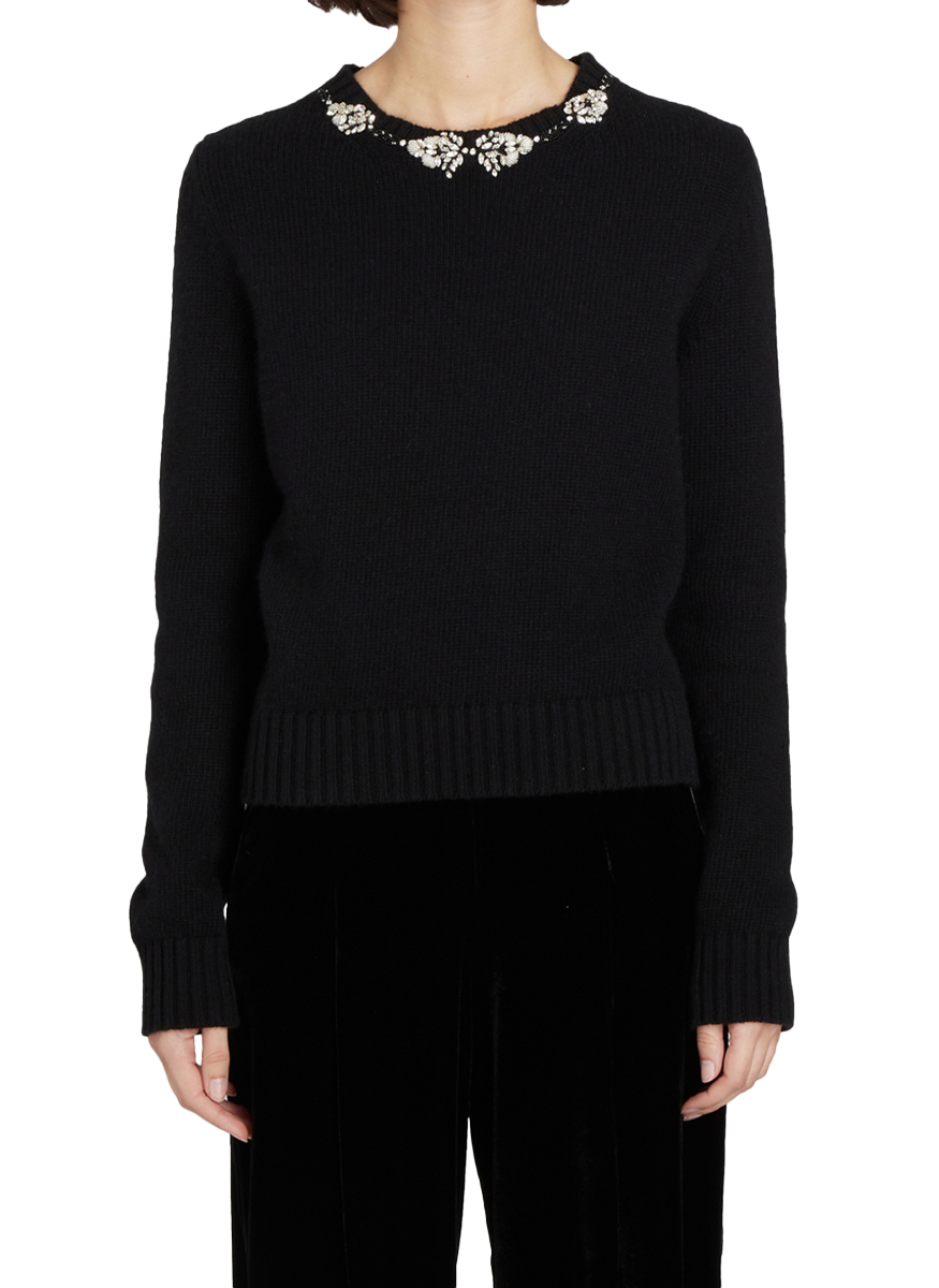 Black Knit Pullover with Rhinestone Collar