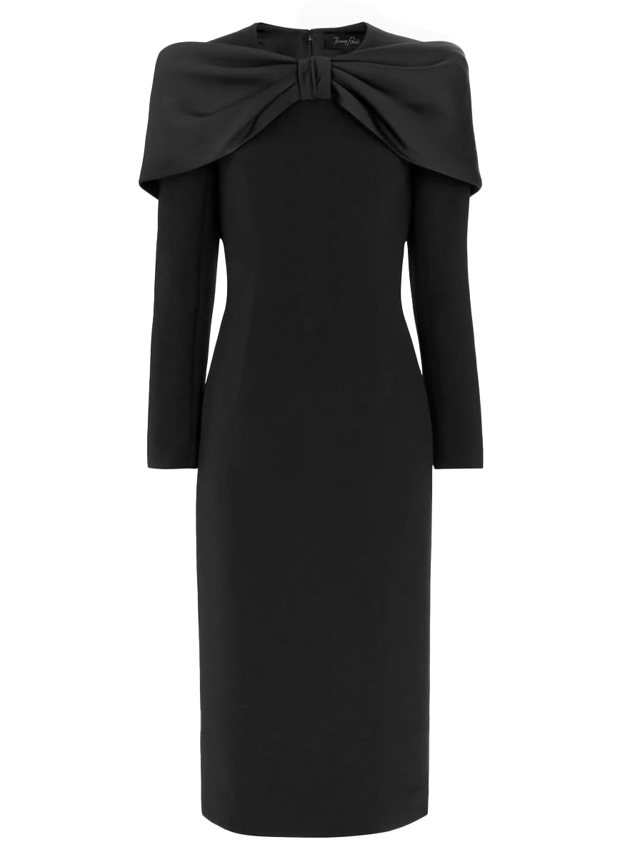 Penny Midi Dress with Satin Bow Collar in Liquorice Black