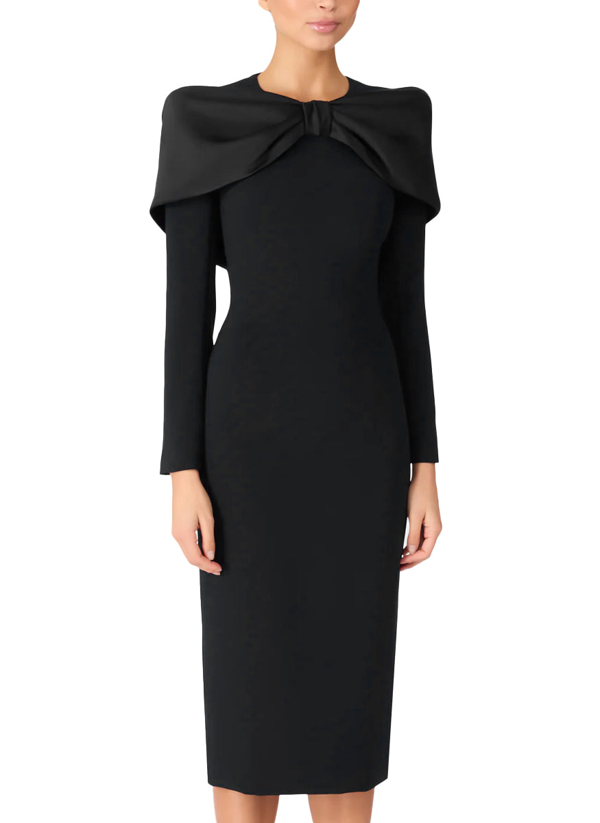 Penny Midi Dress with Satin Bow Collar in Liquorice Black