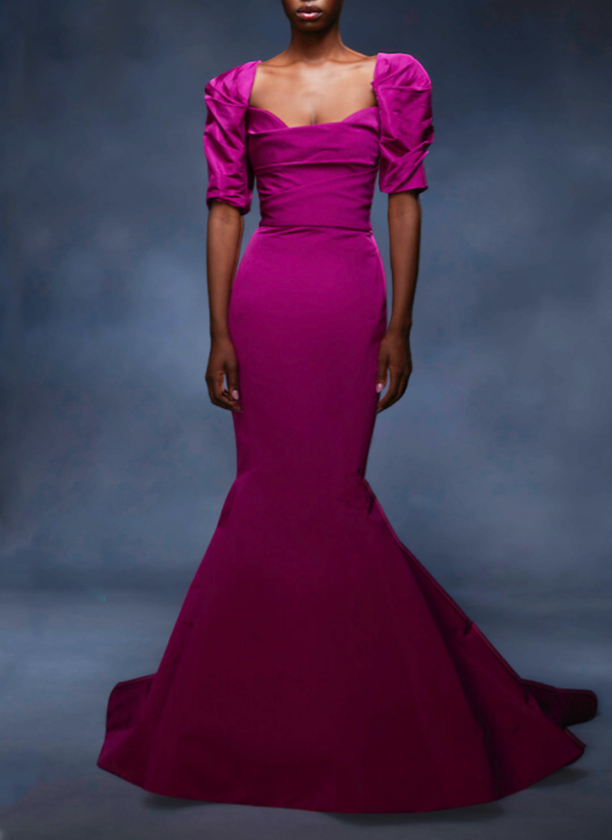 Faille Fishtail Gown with Detachable Sleeve