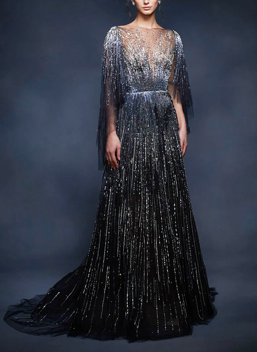 Embroidered A-Line Gown with Cape Sleeves
