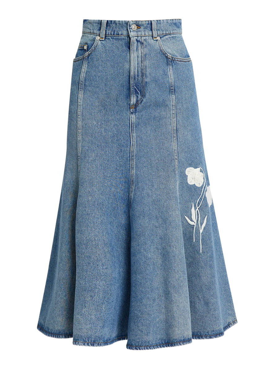 Embroidered Denim Midi Skirt