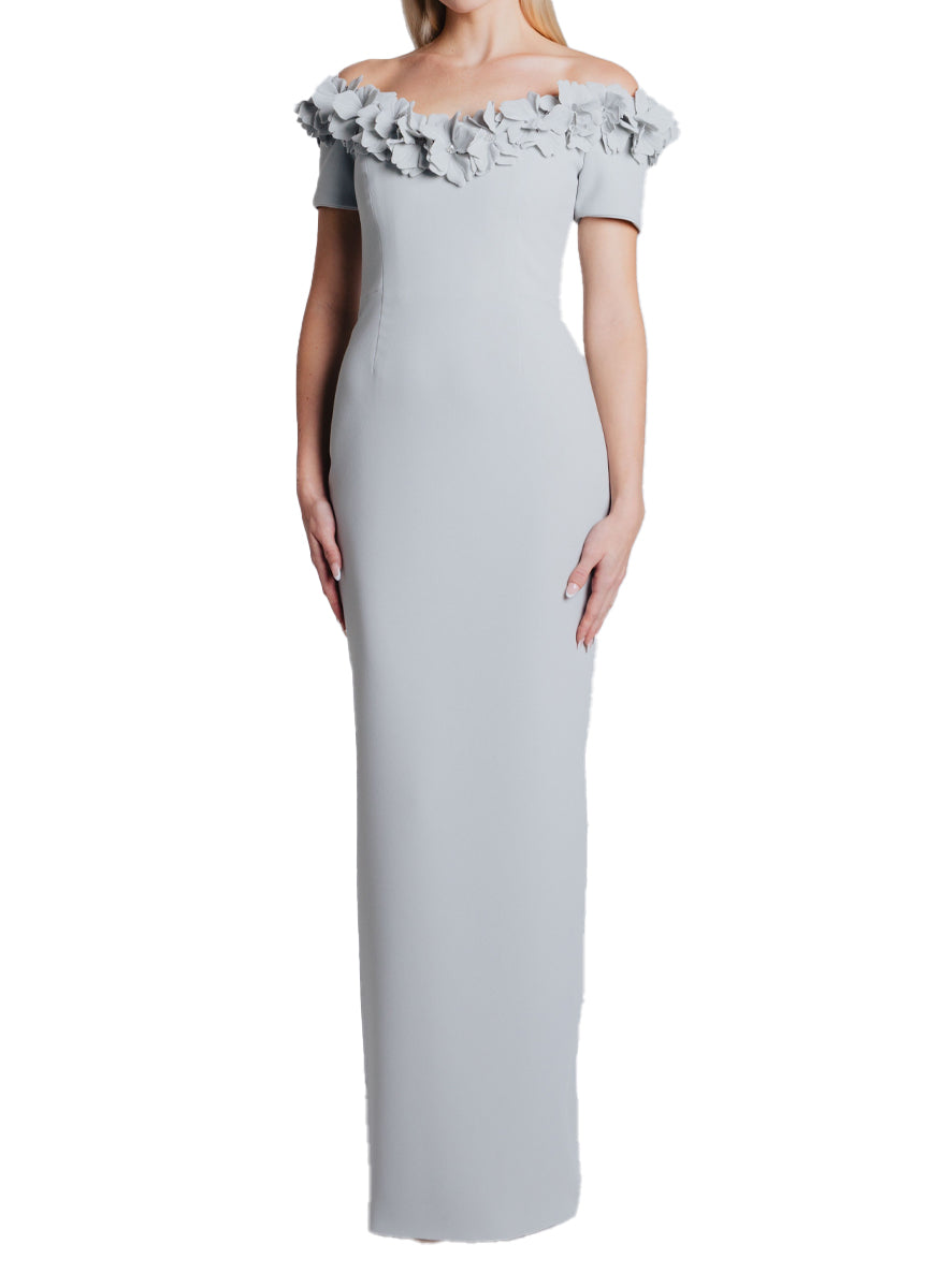 Off Shoulder V-Neck Gown with Magnolias in Spanish Crepe