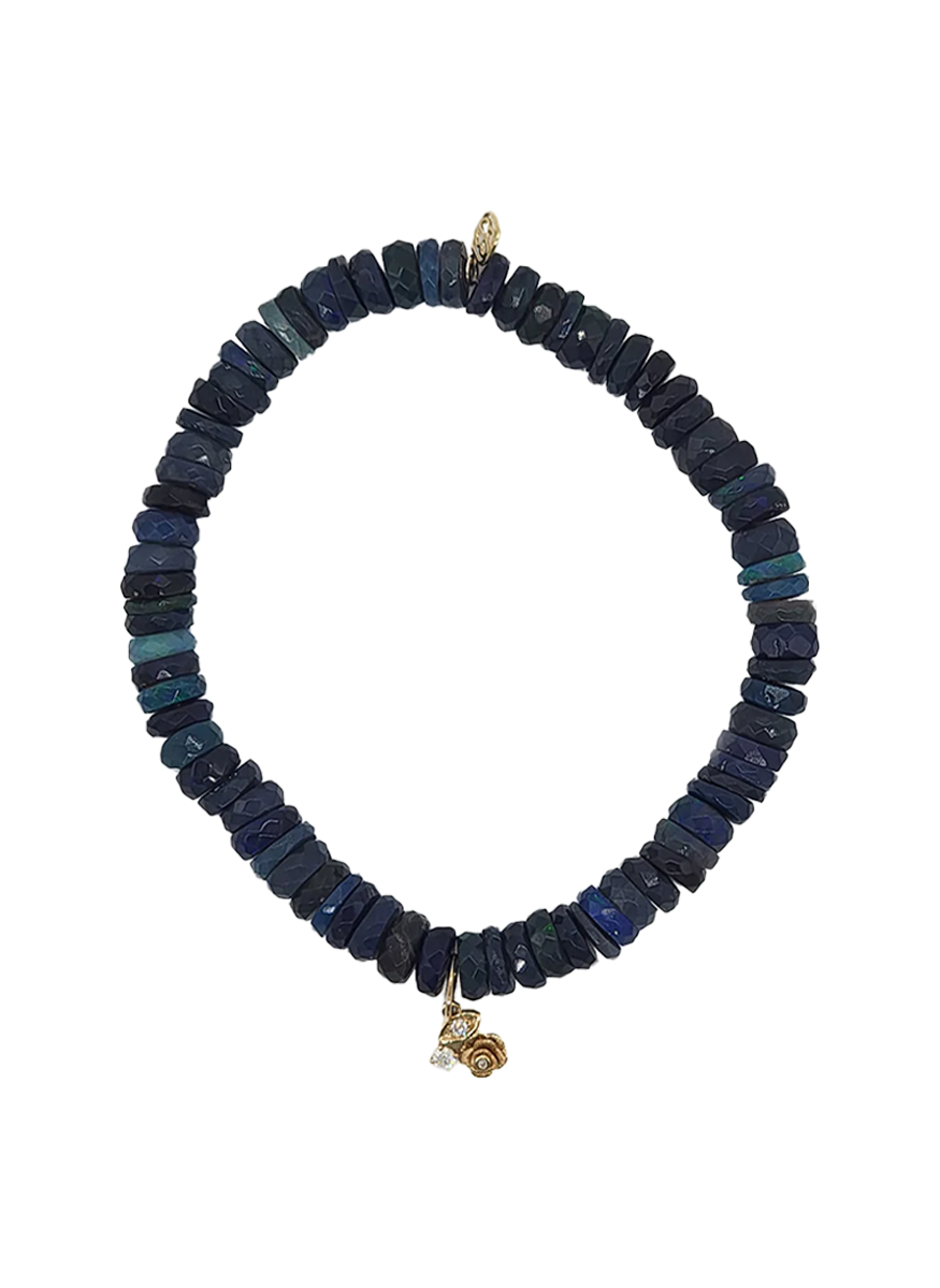 Blue Ethiopian Opal Bead Bracelet with Rose and Eye Charm
