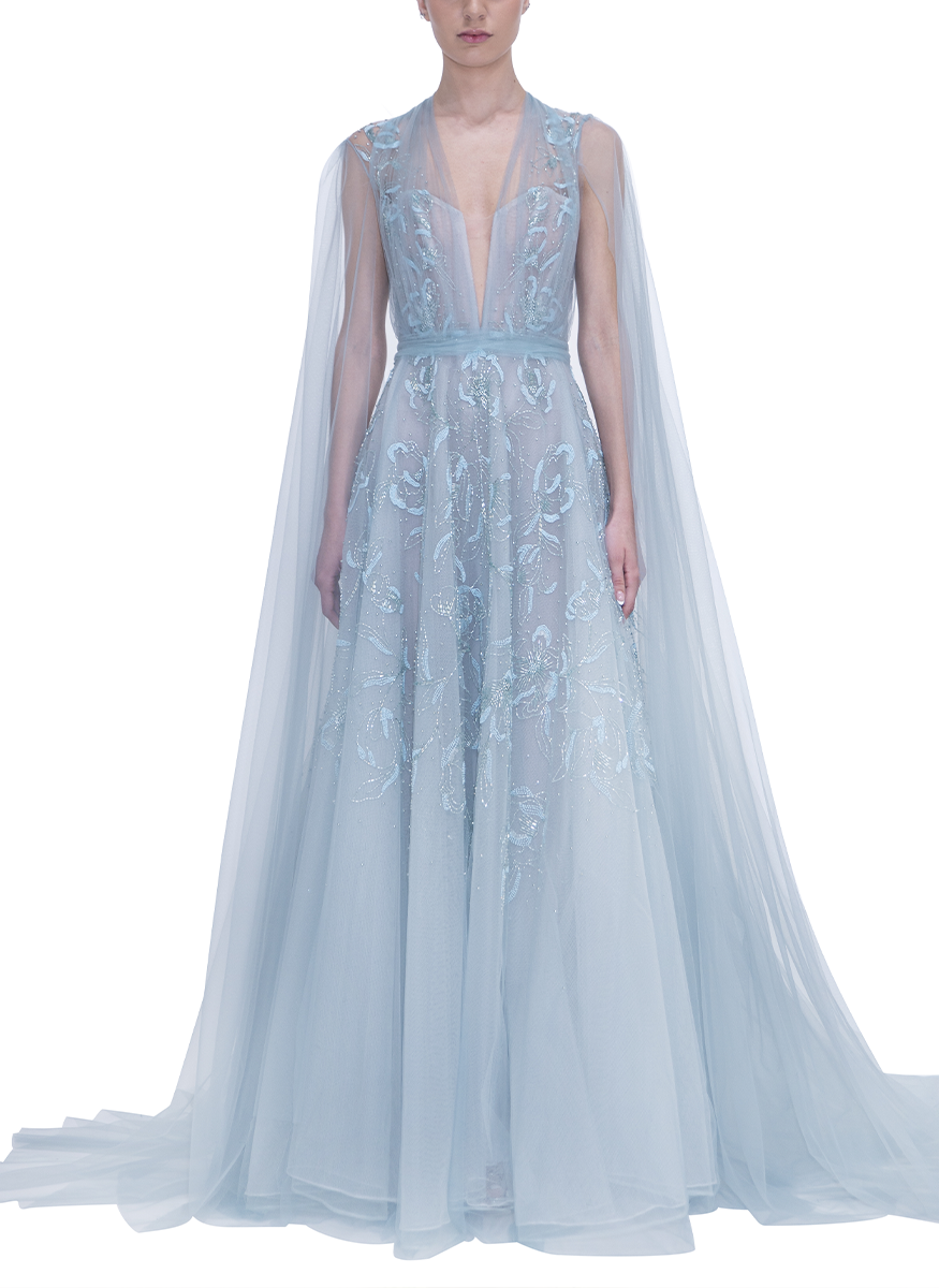 Embroidered Tulle Gown with Dramatic Sleeve and Stole