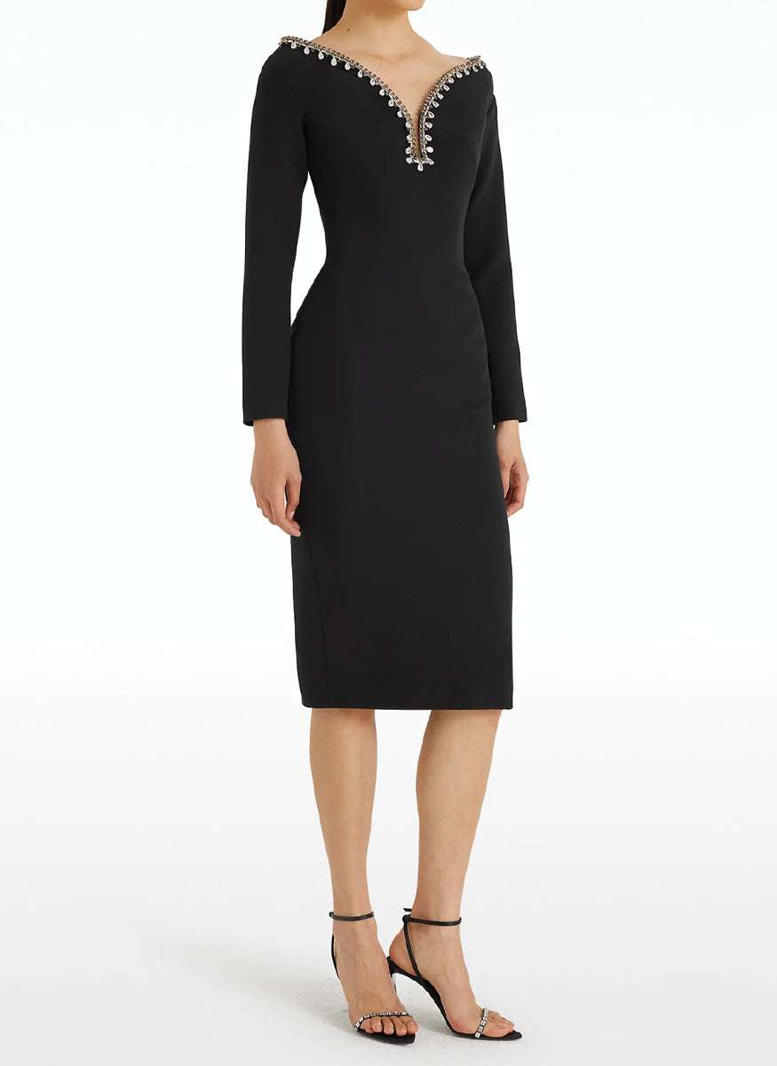 Smyth Midi Dress in Black Heavy Crepe with Sirius Trim