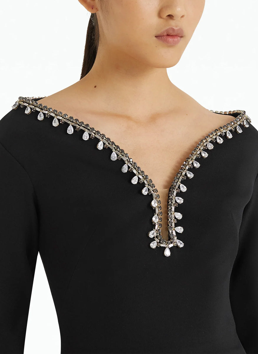 Smyth Midi Dress in Black Heavy Crepe with Sirius Trim - Safiyaa