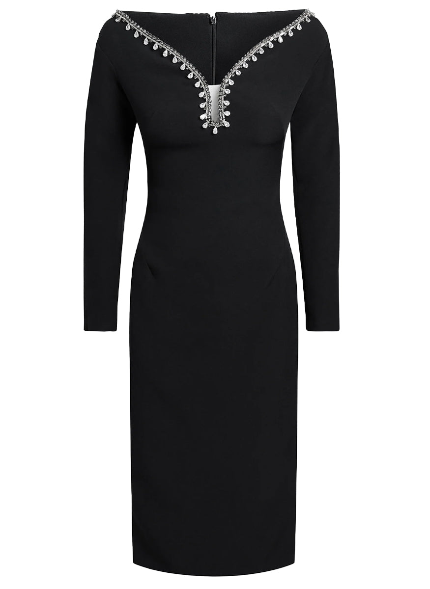 Smyth Midi Dress in Black Heavy Crepe with Sirius Trim