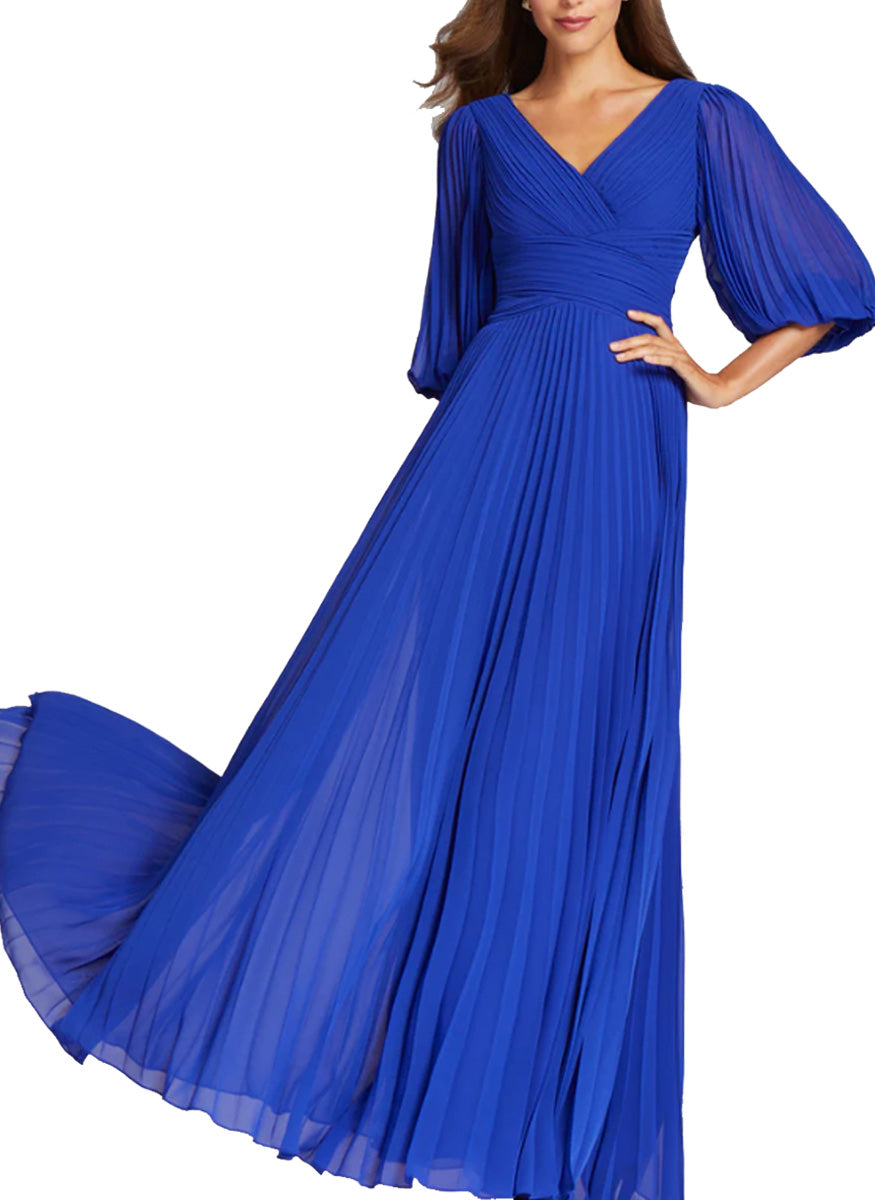 Chiffon Puff Sleeve Pleated V-Neck Gown in Navy in Cobalt