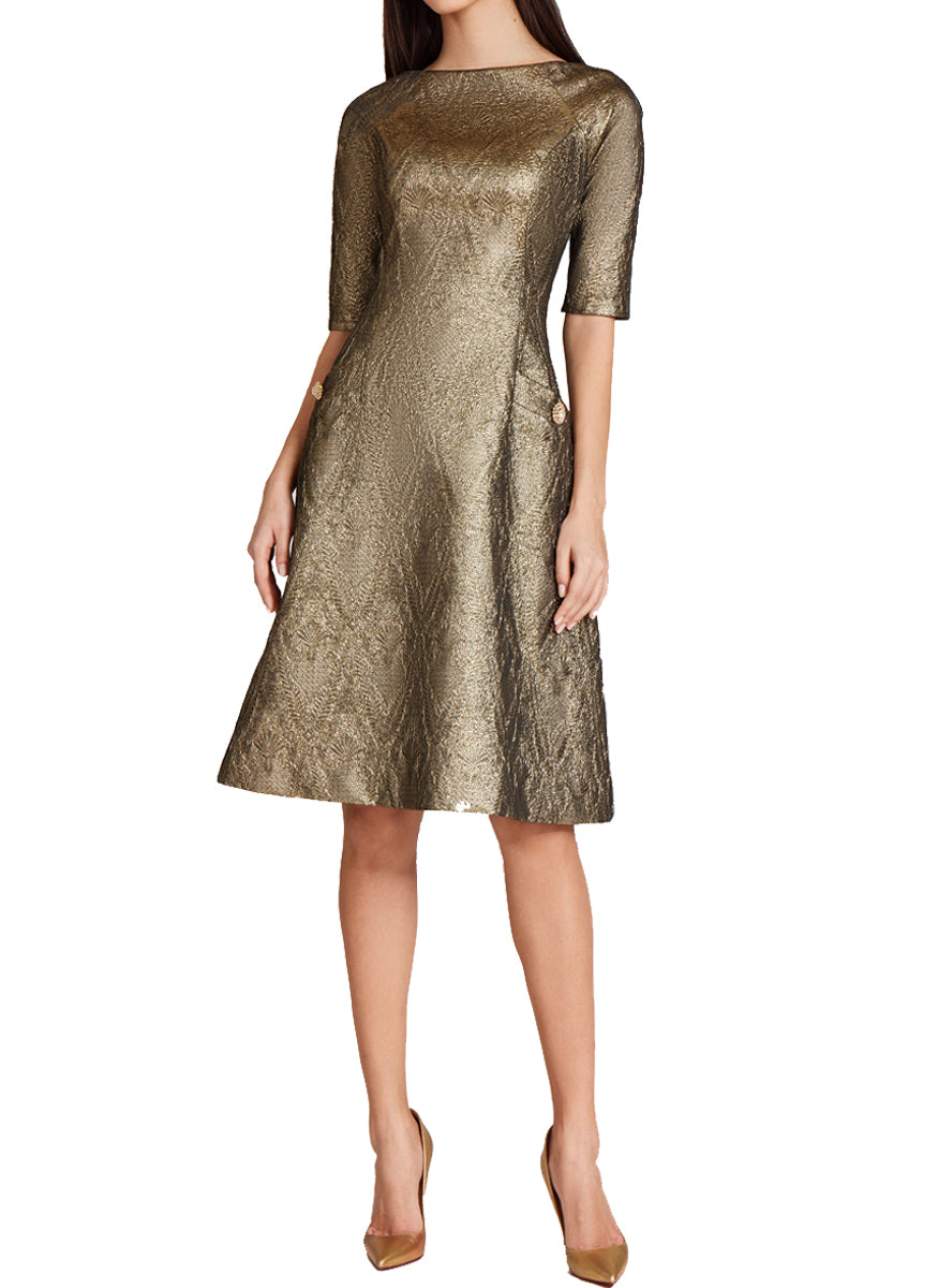 Metallic Tonal Jacquard Elbow Length Dress – Elizabeth Anthony