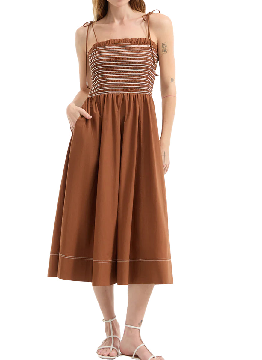 Kaela Smocked Midi Dress in Whisky Brown