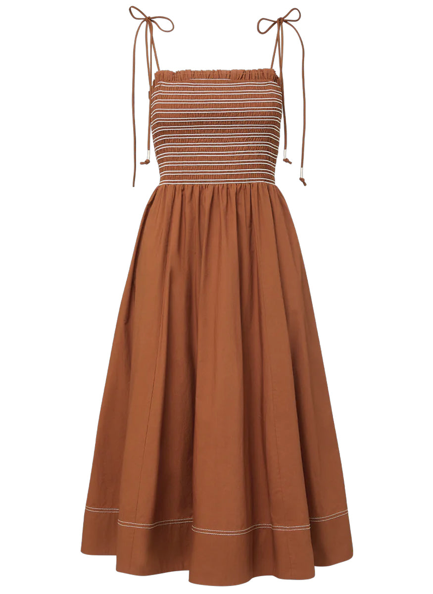 Kaela Smocked Midi Dress in Whisky Brown