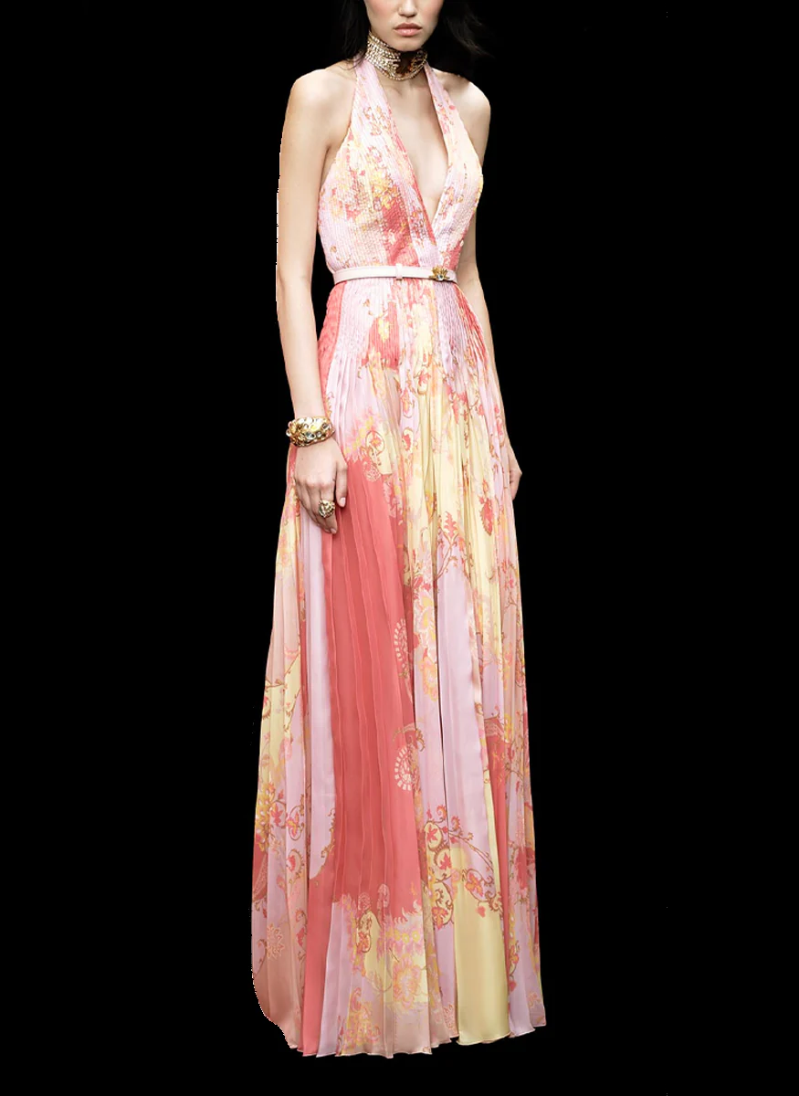 Indian Floral Print Plisse V-Neck Gown