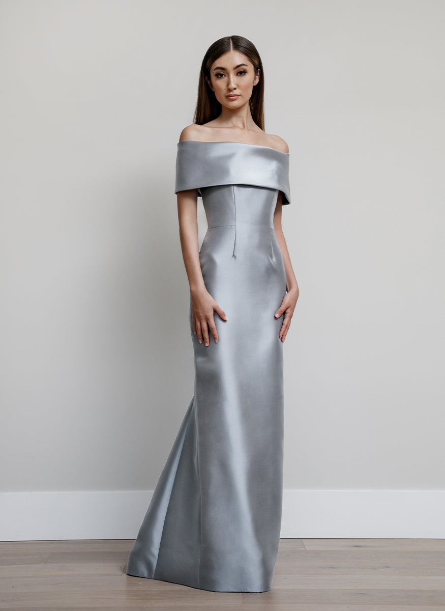 Off Shoulder Roll Collar Gown in Dove Silk Radzimir