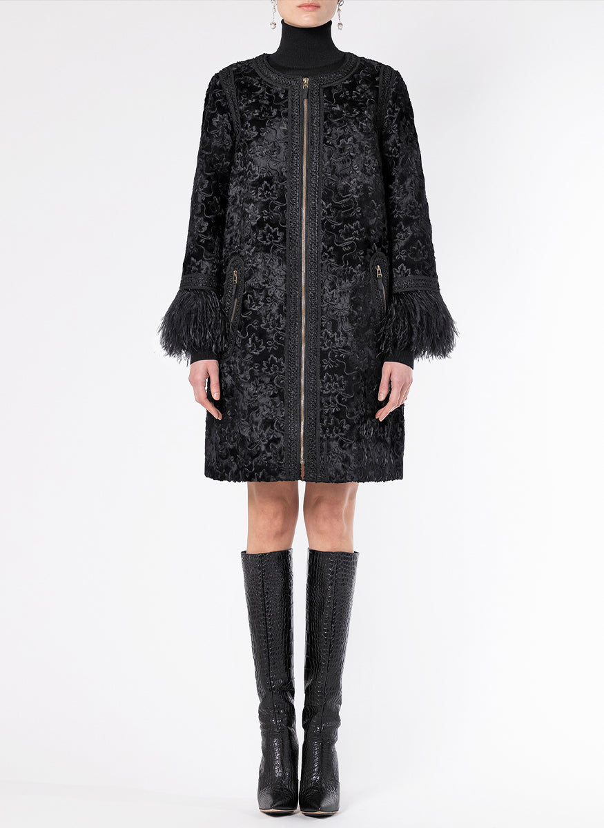 Jacquard Zip Coat with Ostrich Feathers - Andrew Gn