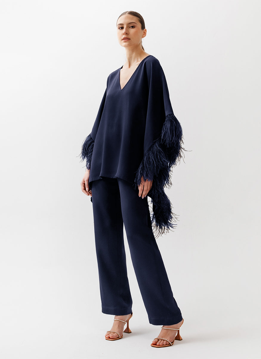 Slim Leg Pull-On Pant in Navy Silk Crepe