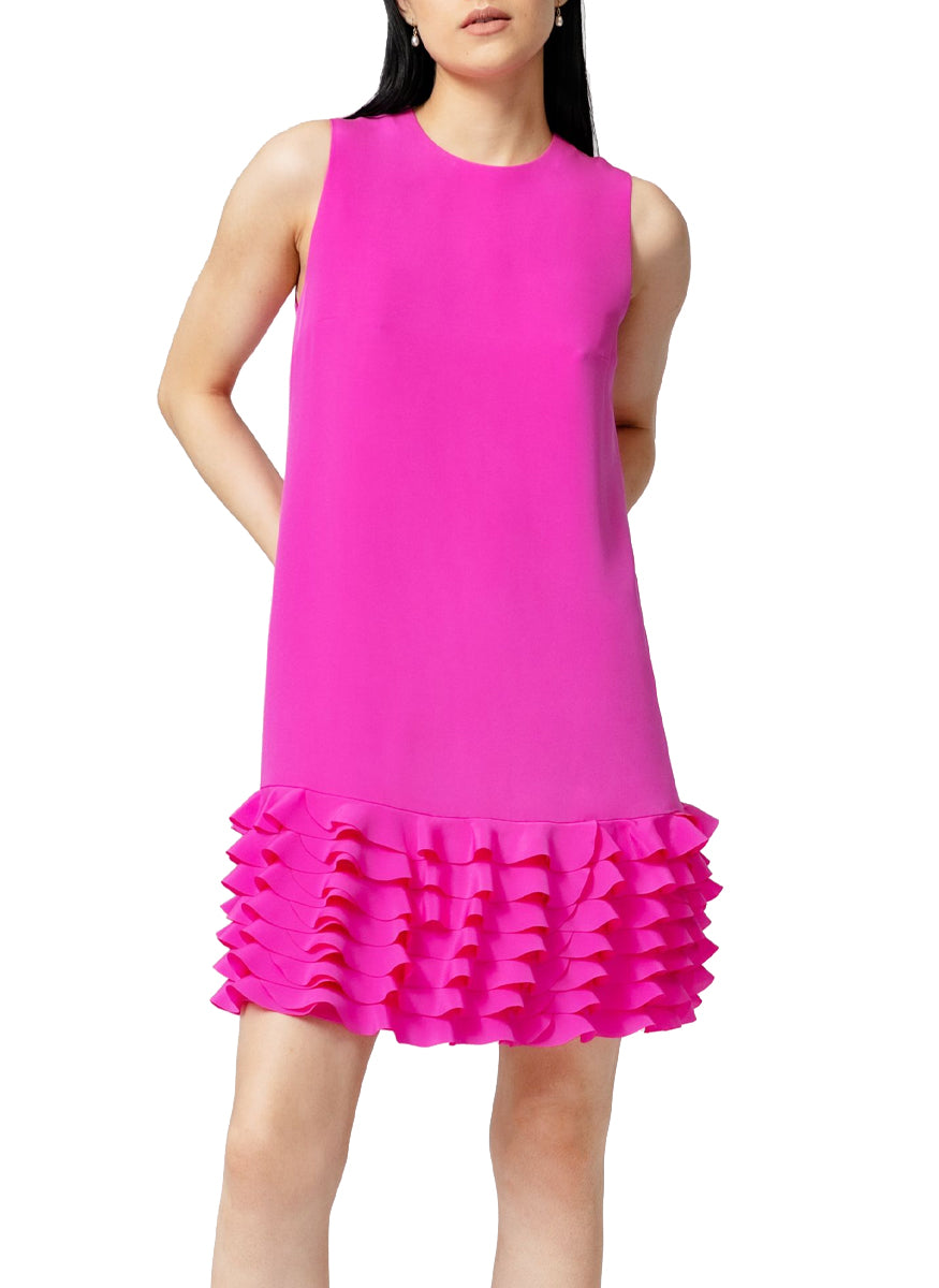 Arak Sleeveless Jewel Neck Dress with Inverted Wave Hem in Shocking Pink Silk Crepe