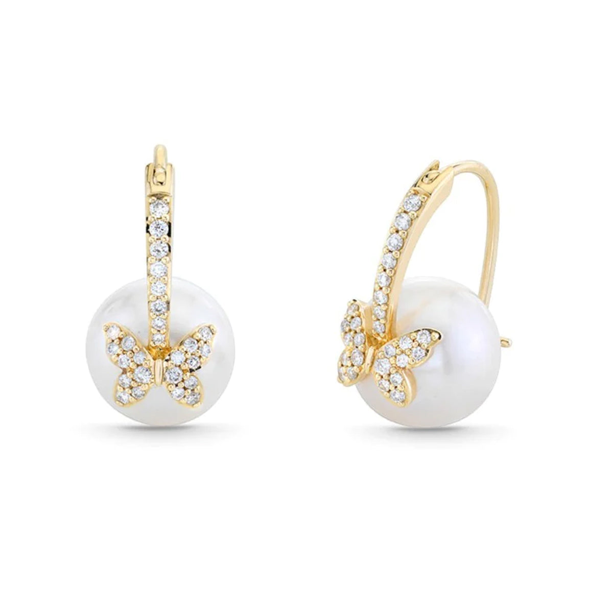 Large Pearl with Diamond Butterfly Earrings