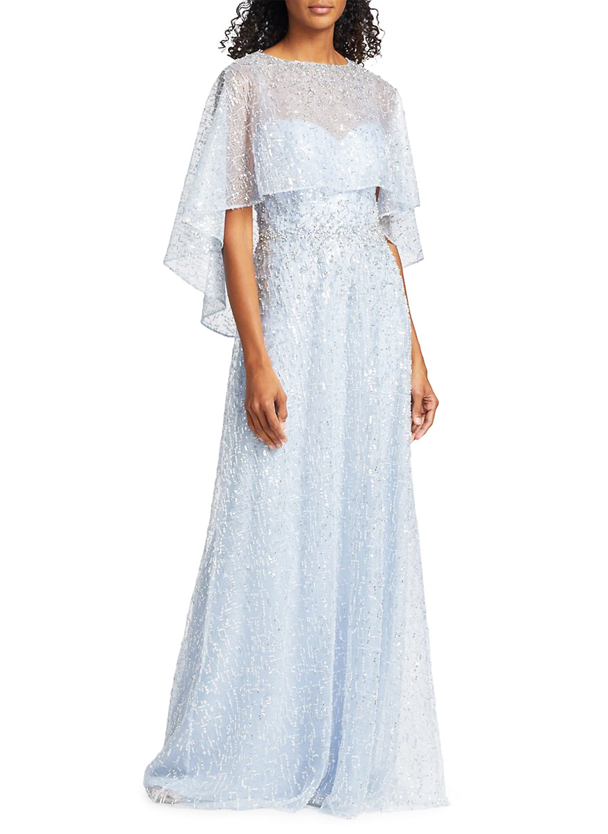 Beaded Tulle & Lace Capelet Gown in Ice Blue