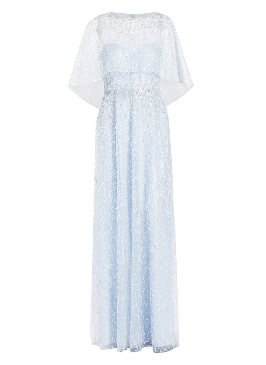 Beaded Tulle & Lace Capelet Gown in Ice Blue