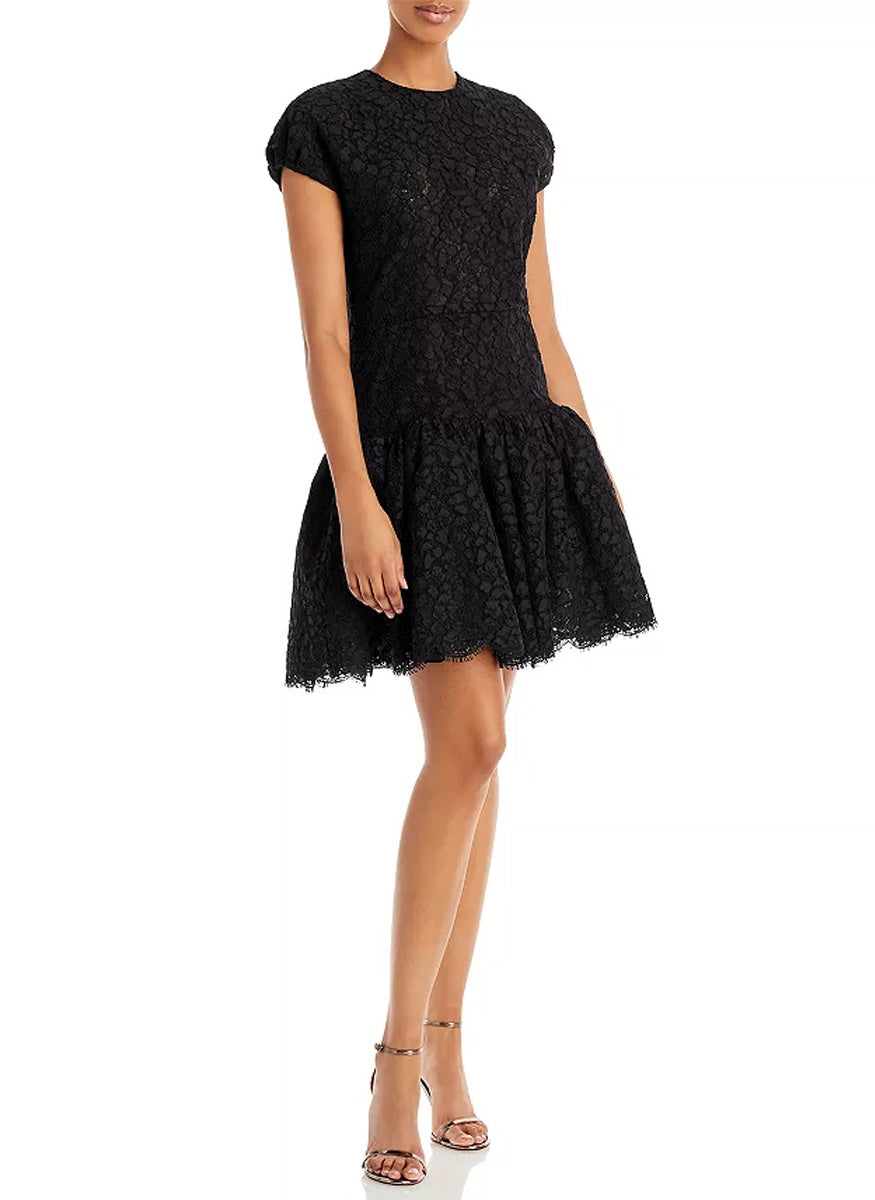 Corded Floral Lace Ruffle Dress in Black
