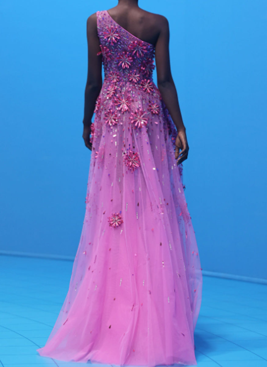 One Shoulder Beaded Tulle Gown in Azalea - Georges Hobeika