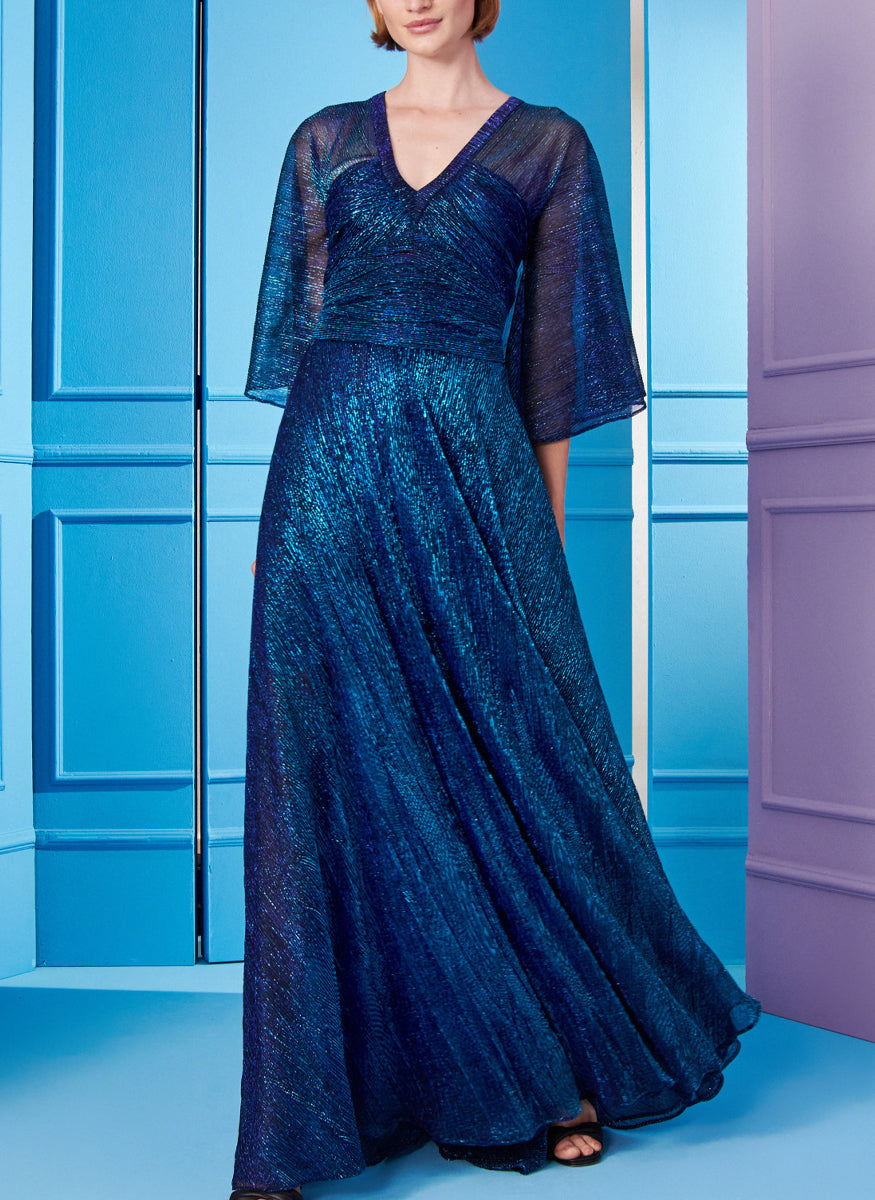 Hottie1 Metallic Voile 3/4 Sleeve Vneck Gown