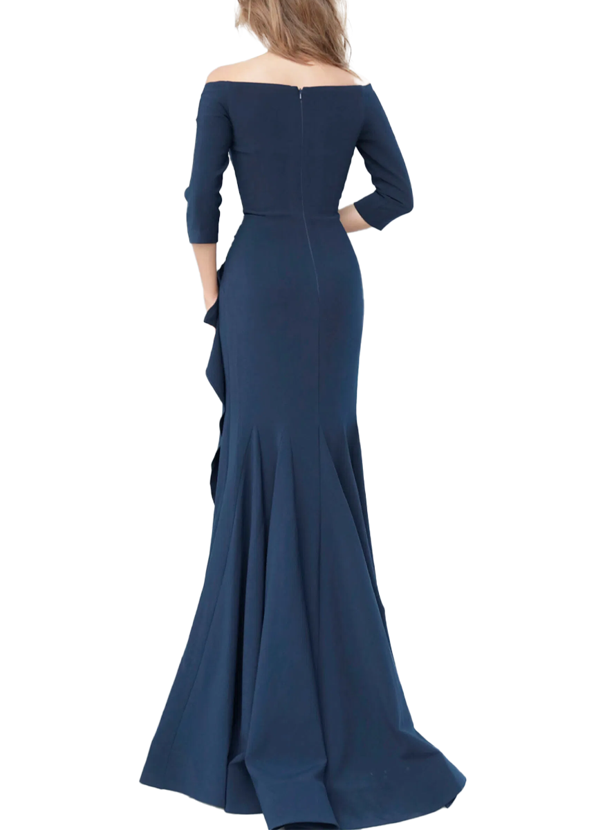 Off the Shoulder Ruched Gown in Navy