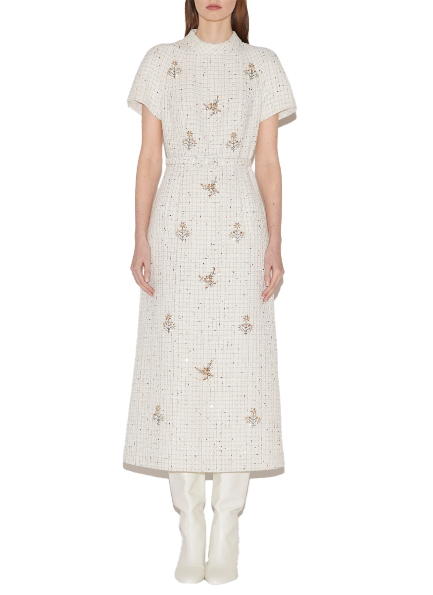 Genevieve Midi Dress in White Tweed